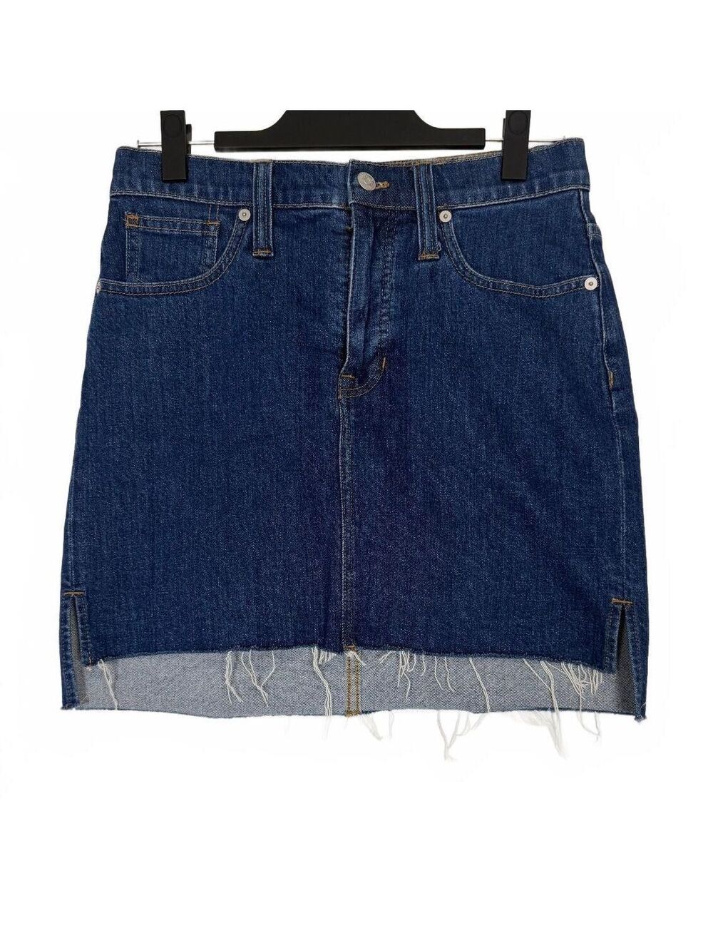 Madewell High-Rise Denim Mini Skirt Frayed Hem Side Slits Indigo Blue Size 26